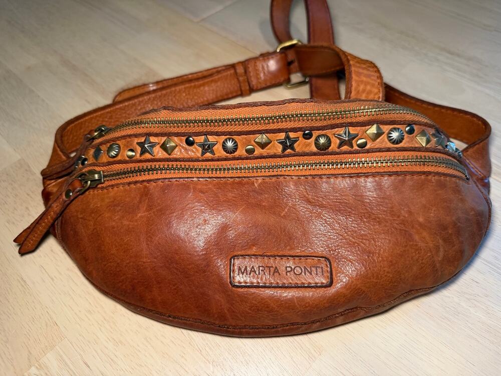 Marta Ponti Brown Leather Studded Belt Bag Fanny Pack 55in Strap Western plus